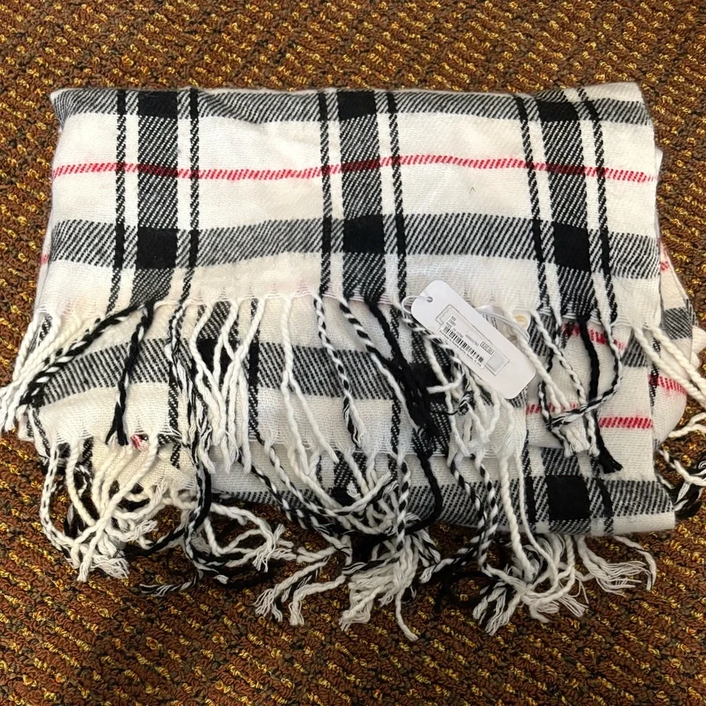 Charming Charlie Black and White Plaid Scarf with Fringe